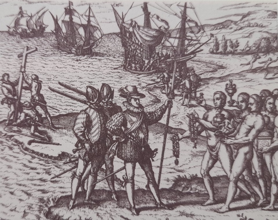 콜럼버스가 신대륙에 도착해 원주민과 처음으로 만나는 모습을 그린 그림(라틴아메리카역사 다이제스트 100에서 발췌)
