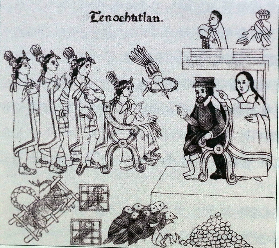 코르테스와 목테수마 황제의 첫 만남을 그린 그림(사진=라틴아메리카역사 다이제스트100에서 발췌)