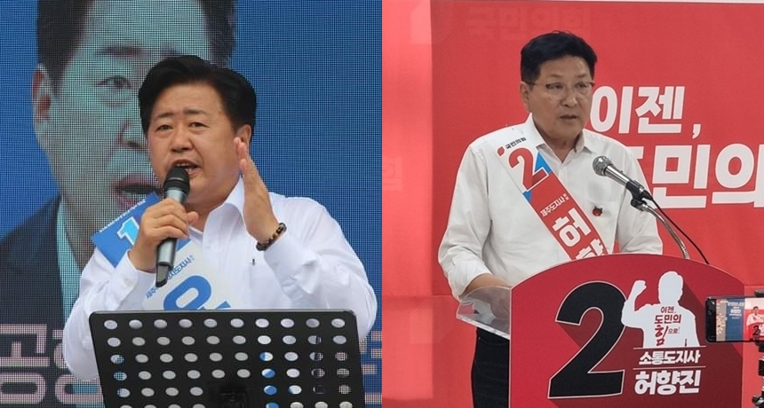 29일 허향진 후보(우)는 김포공항 이전 저지에 총력을 쏟을 뜻을 밝혔고, 오영훈 후보(좌)는 중앙당에 공약 철회를 공식 요청하겠다고 밝혔다.(사진은 두 후보의 페이스북 계정)