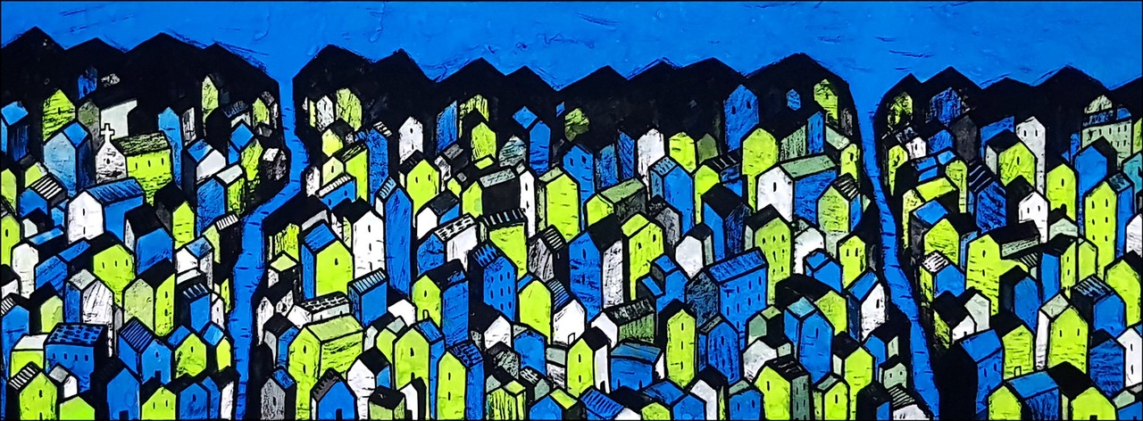 이율주, 빌리지-BLUE, 장지에 아크릴, 150x30cm, 2022