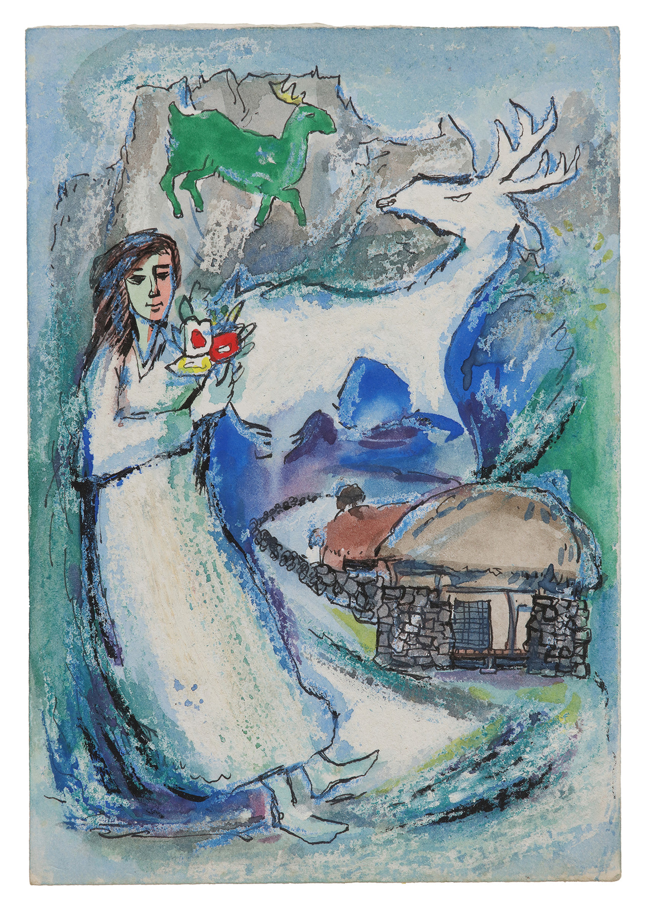 강태석 ‘작품68-아가씨, 사슴 초가집’ 19.7× 13.7㎝ 1975년 전후 