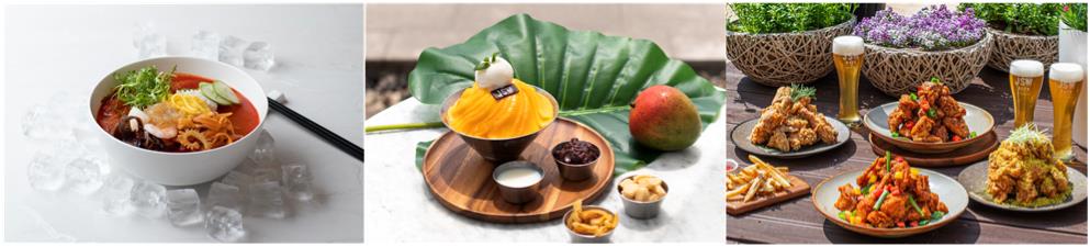 오른쪽부터 성화정-냉짬뽕’, ‘바온탑-망고빙수’, ‘비어가든 프로모션’ (이미지 제공 = 제주신화월드)