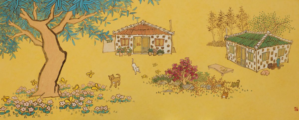 고은 작품, 행복한 풍경, 60×145cm,장지에 분채, 2021