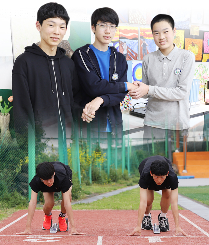 서귀포중학교 박윤(사진 위 왼쪽), 오동근(사진 위 가운데), 김대환 학생이 서로 손을 맞잡고 웃어보이고 있다. 사진 밑은 오동근, 박윤 학생이 육상 스타트 연습을 하고 있다.