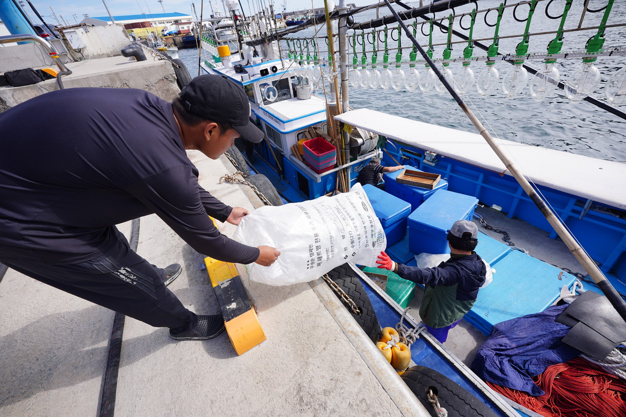 조업 활동 과정에서 발생한 투명 폐페트병을 수거하는 어민. 제주도개발공사 제공