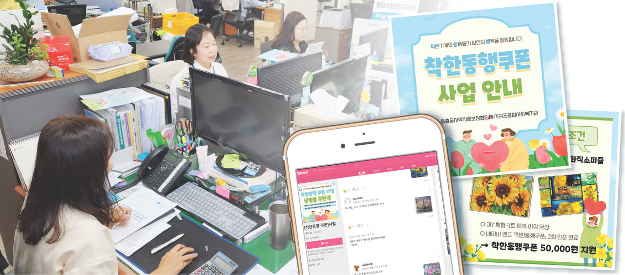 서귀포시 동홍동주민센터에서 임재연 맞춤형복지팀장과 오성영 주무관 등이 업무를 하고 있다. 나머지는 착한동행 쿠폰 사업 안내.                                                                                                 그래픽=최정화